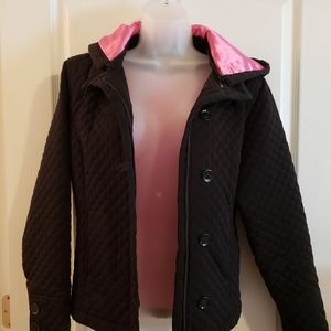 Calvin Klein Short Quilted Black Jacket with Pink Interior & Removable Hood